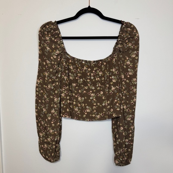Elodie Tops - Elodie Floral Puff Sleeve Square Neck Peasant Top Brown Small NWT